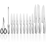 Détail Set de 14 couteaux de cuisine en acier inoxydable à haute teneur en carbone avec support en acrylique et couteaux à steak dentelés