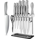 Set de 14 couteaux de cuisine en acier inoxydable à haute teneur en carbone avec support en acrylique et couteaux à steak dentelés