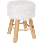 Pouf design rond, en bois, avec assise en fourrure blanche ATMOSPHERA