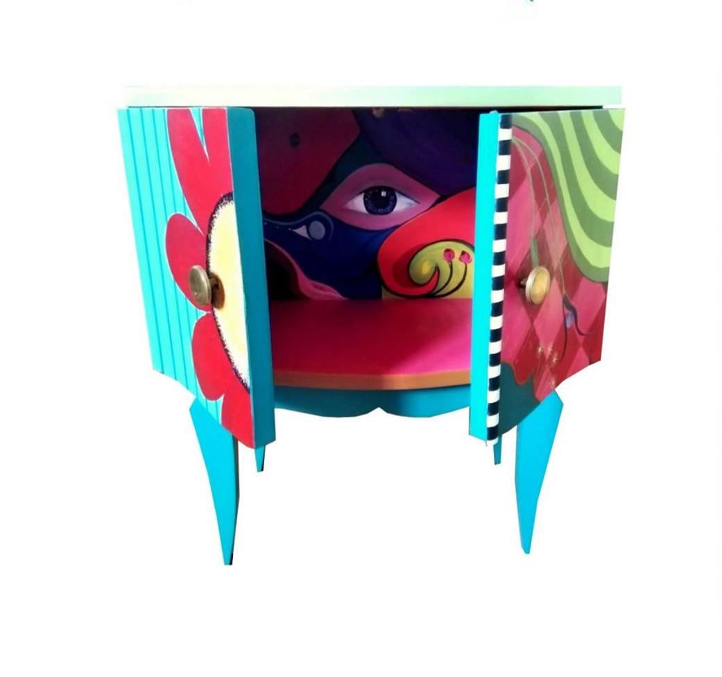 meuble table de chevet petit meuble multicolore peint à la main relooking artiste cezed