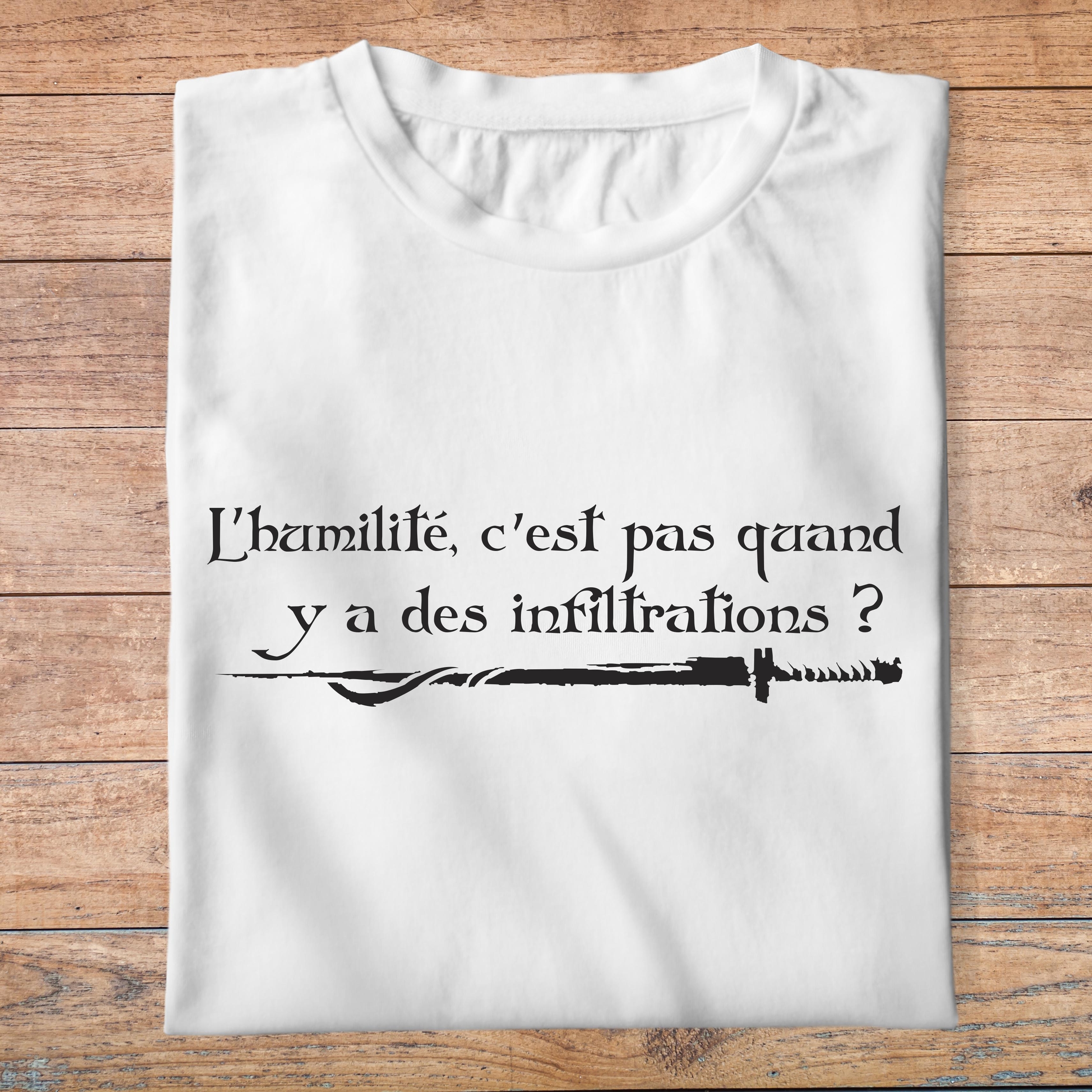 fk15- Kaamelott Lhumilité cest pas quand y a des infiltrations  - t shirt plié homme - couleur blanc