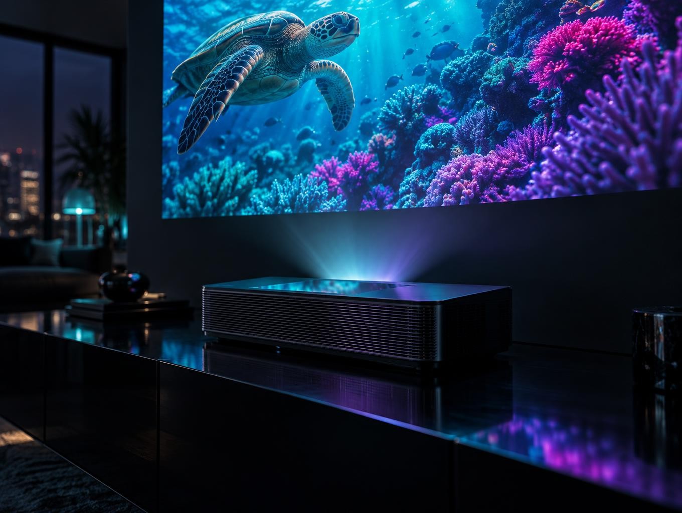 Des fonds marins colorés projetés au mur par un vidéoprojecteur laser à ultra-courte focale