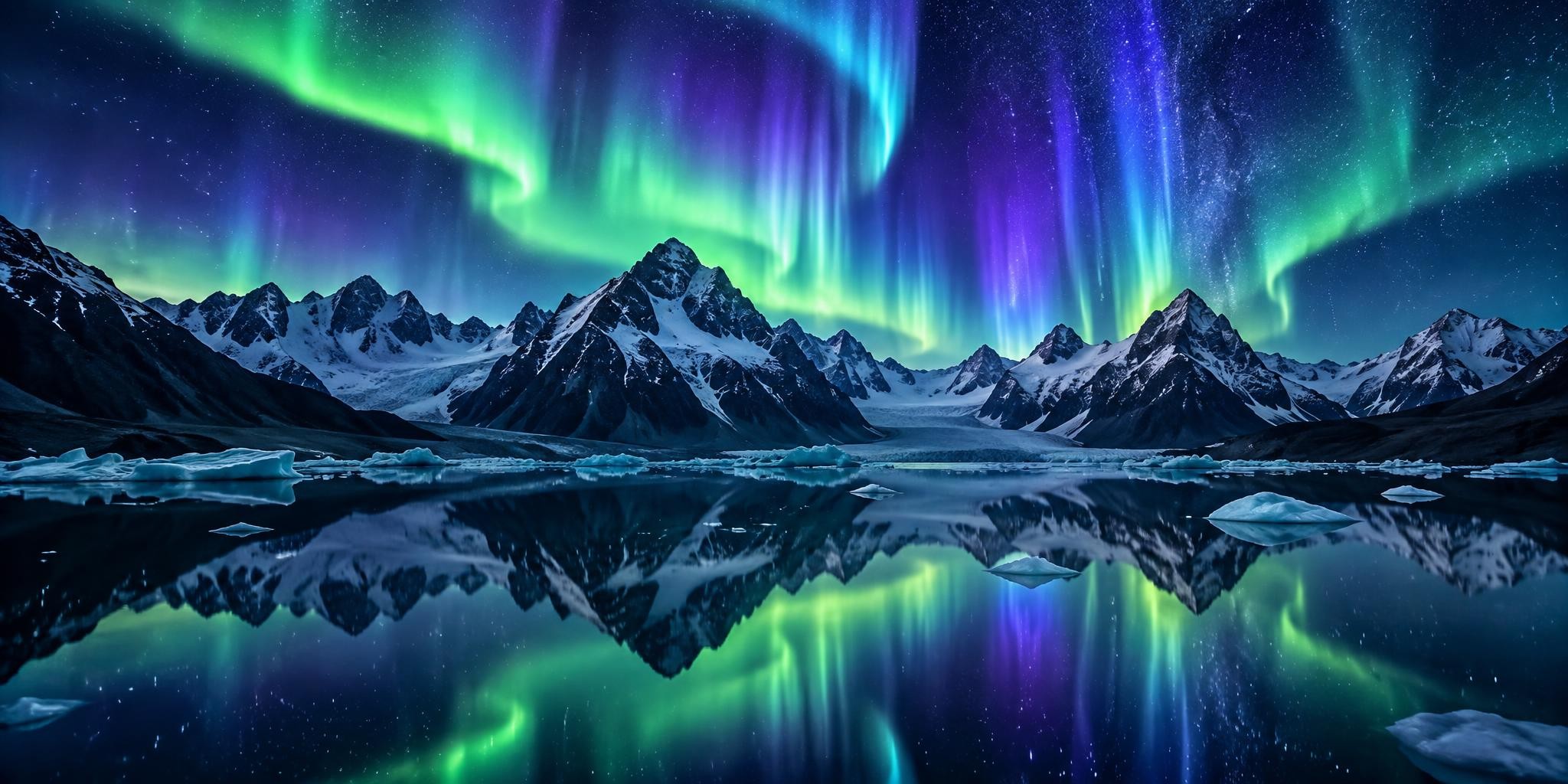 Aurore boréale verte et violette au-dessus de montagnes enneigées, projetée sur un écran géant