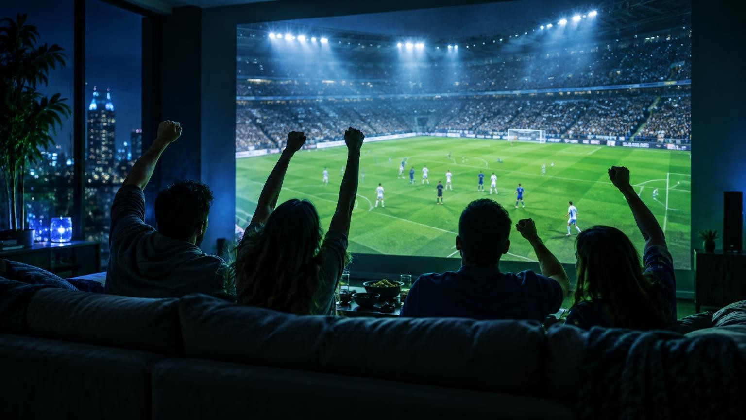 Des amis célèbrent un but devant un match de football projeté sur tout le mur du salon