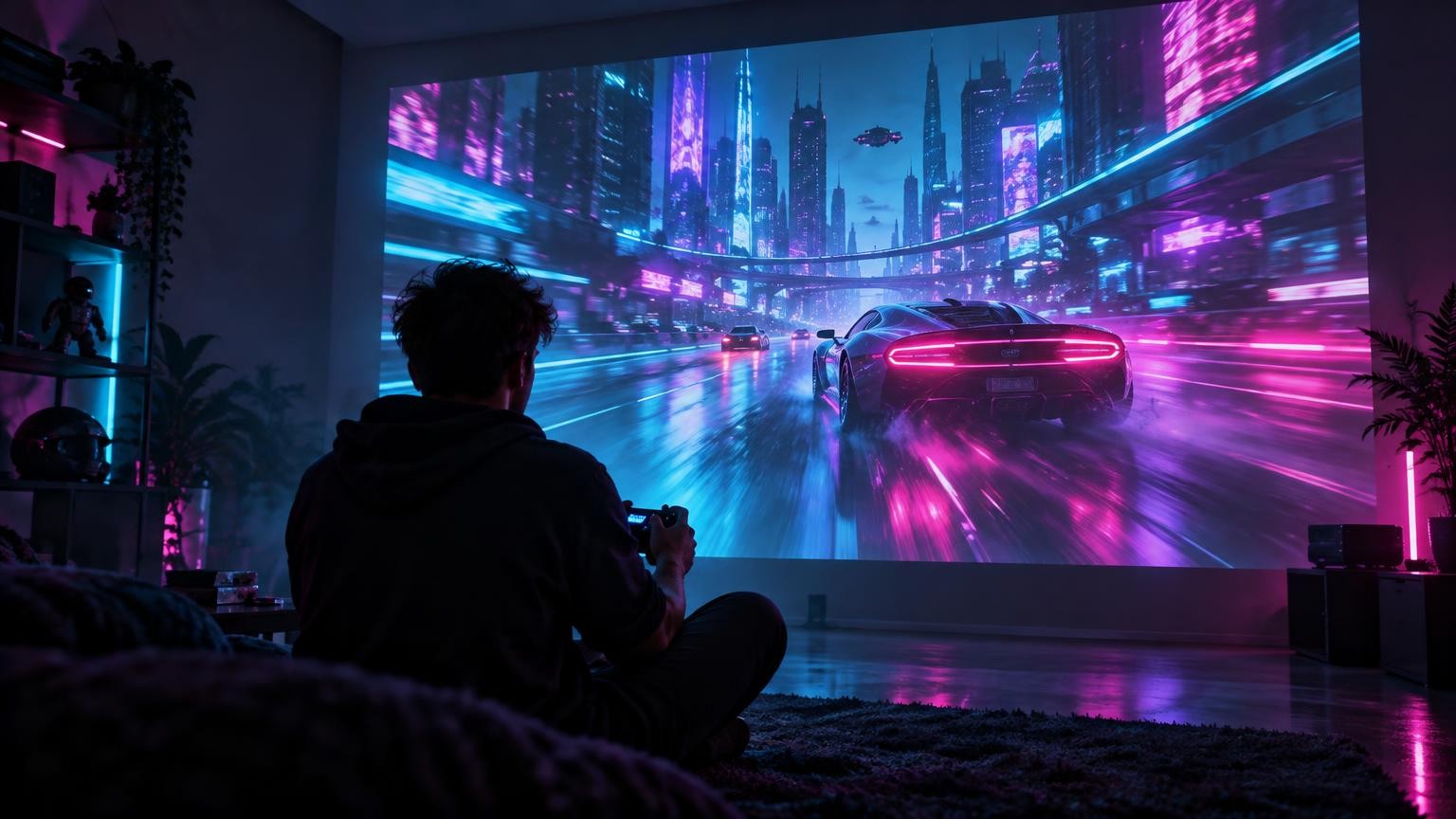 Un joueur manette en main devant une course futuriste projetée en très grand format