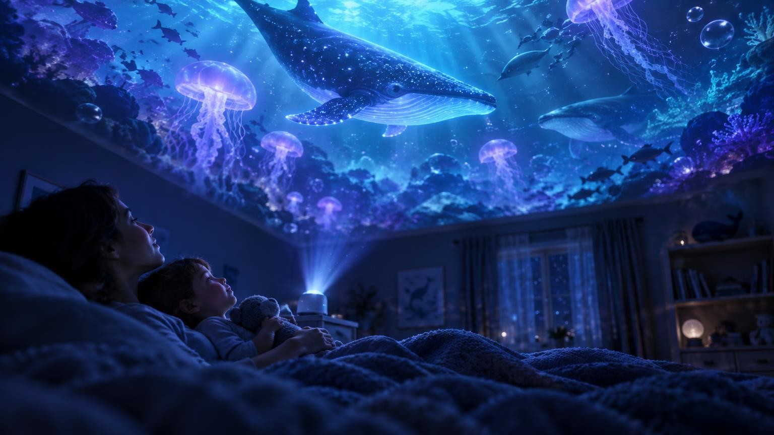 Un parent et son enfant regardent un monde sous-marin projeté au plafond de la chambre