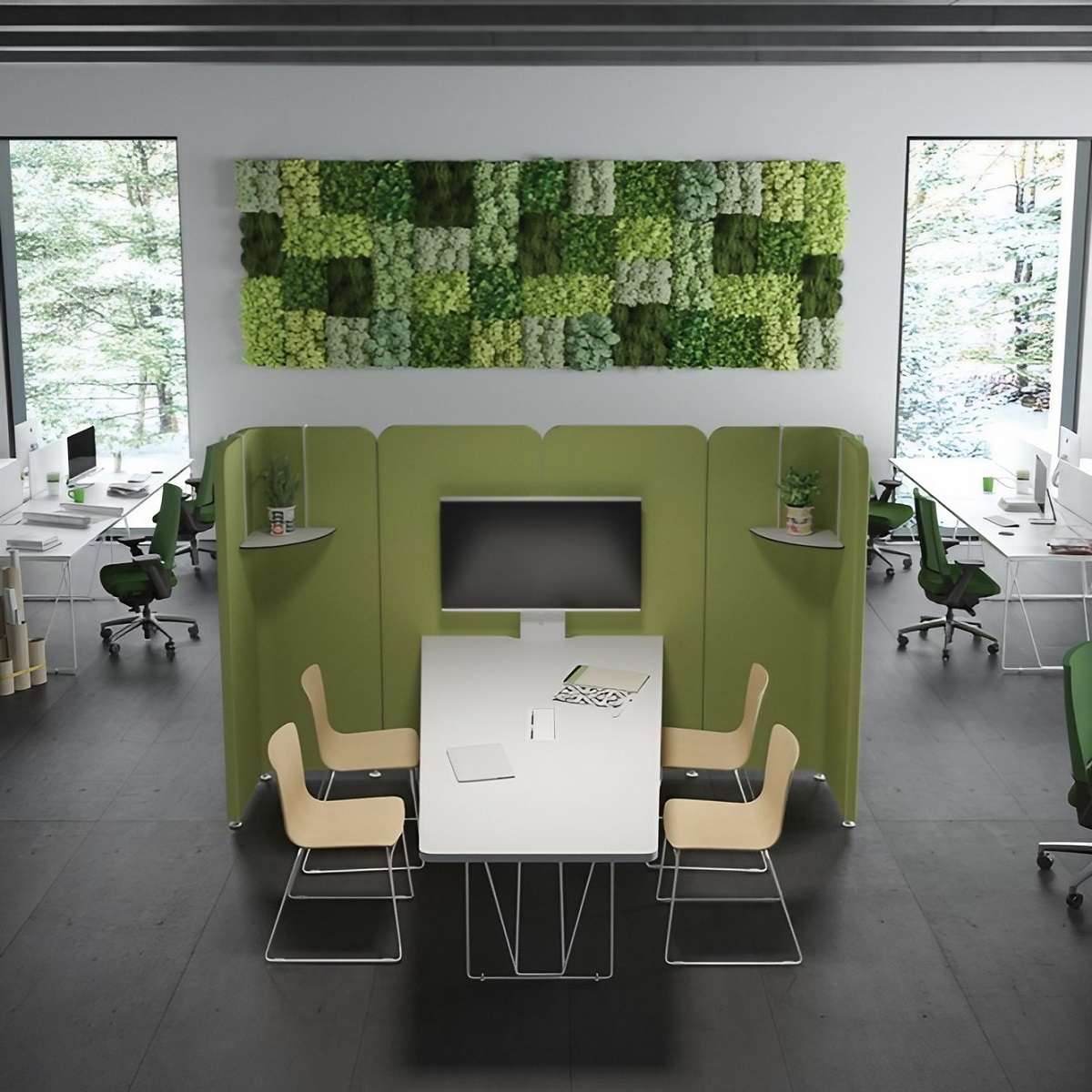 Table de coworking avec parois acoustiques et plateau trapèze