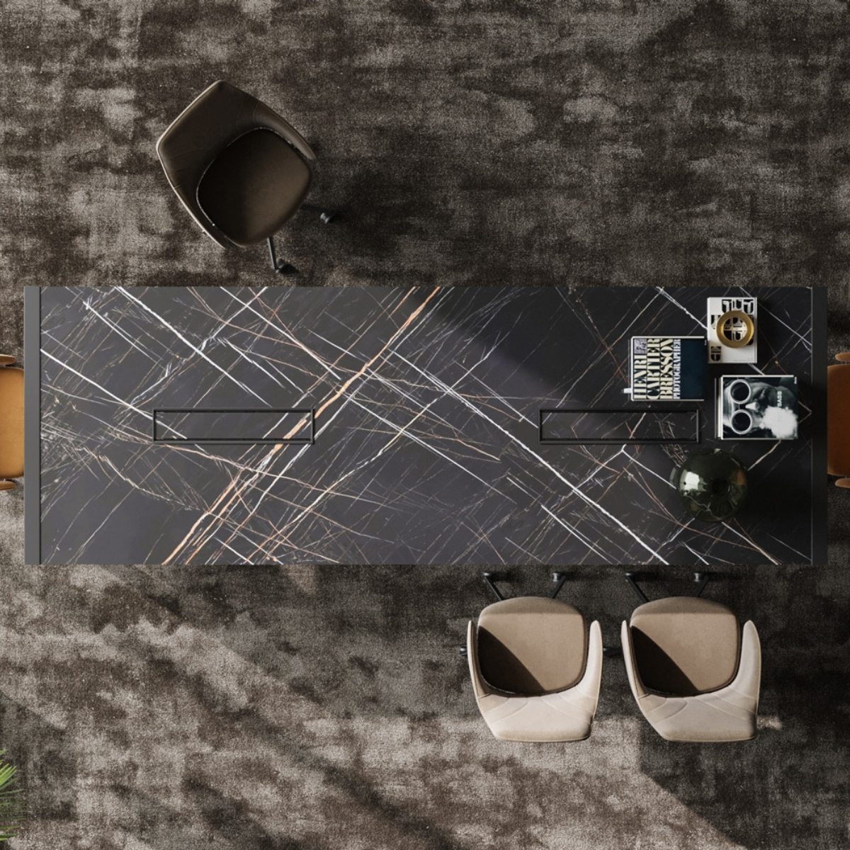 Table de réunion en verre laqué anti-trace avec trappe passe-câble