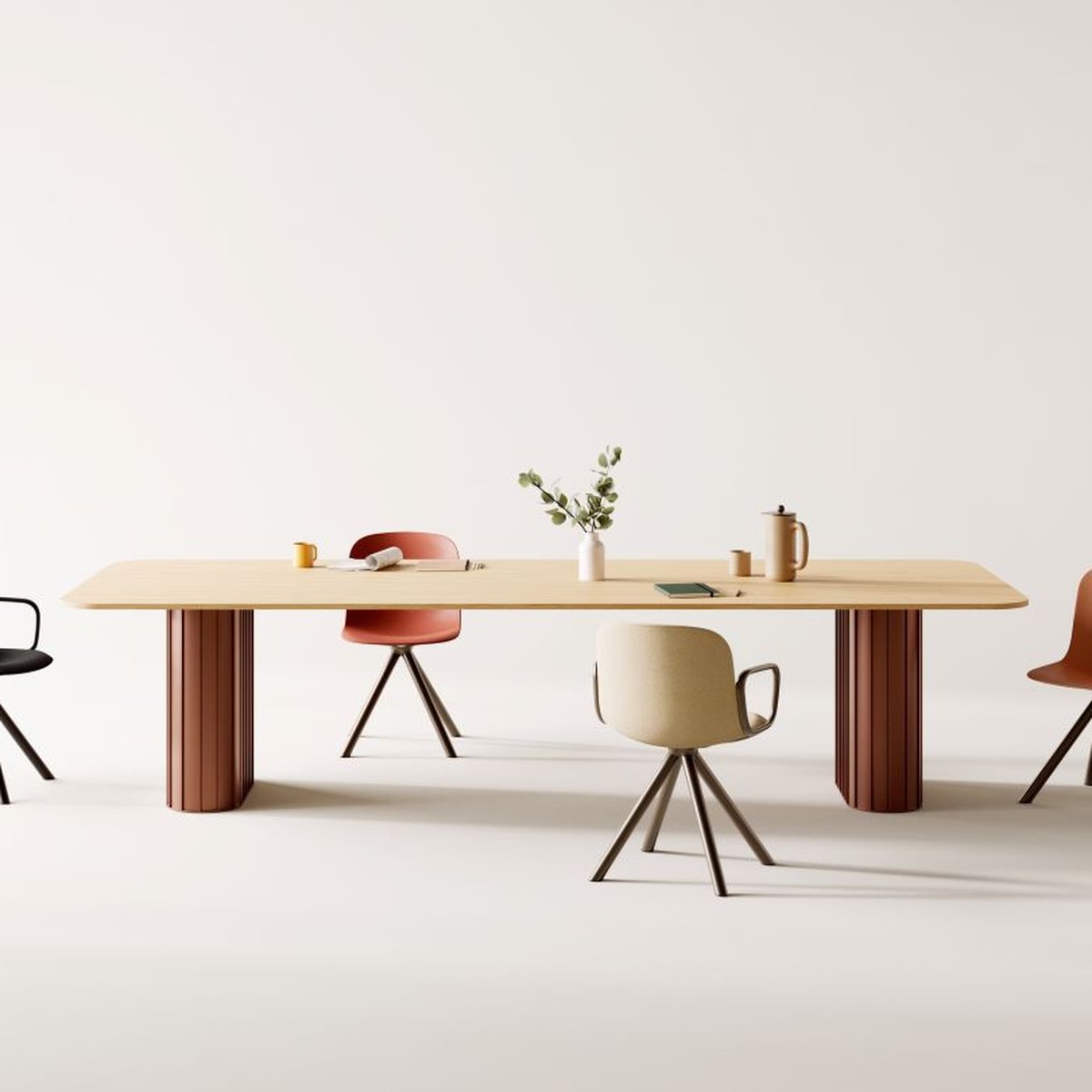 Table de réunion Xut 10 personnes avec colonnes terracotta et chaises colorées