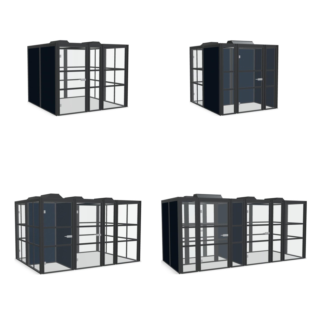 Les quatre formats de cabine de réunion vitrée, de un à trois espaces intérieurs, rendu 3D