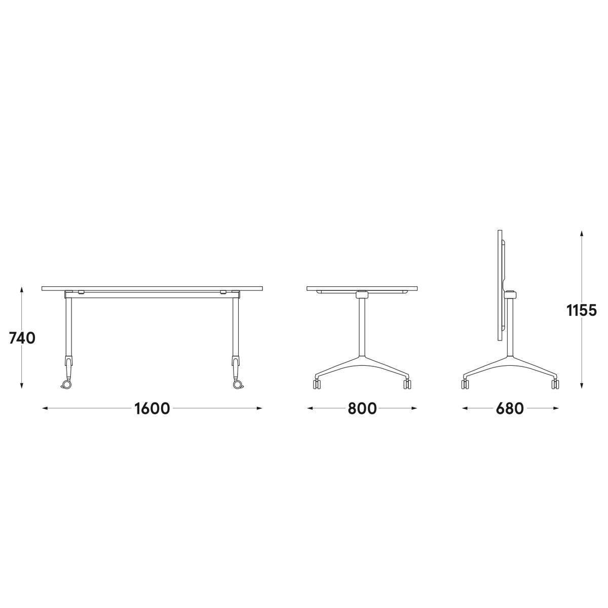 Schéma coté de la table Revi 160 x 80 cm : hauteur 74 cm, 115,5 cm plateau rabattu, emprise 68 cm