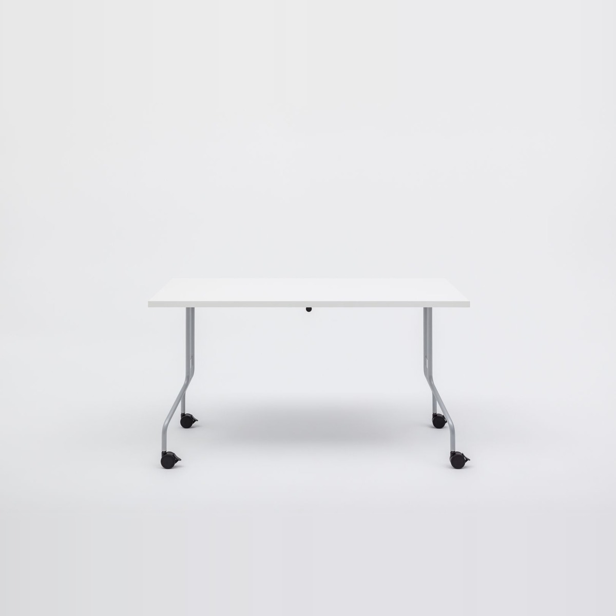 Table Easy rectangulaire à plateau blanc, piétement gris sur roulettes à frein, vue de face