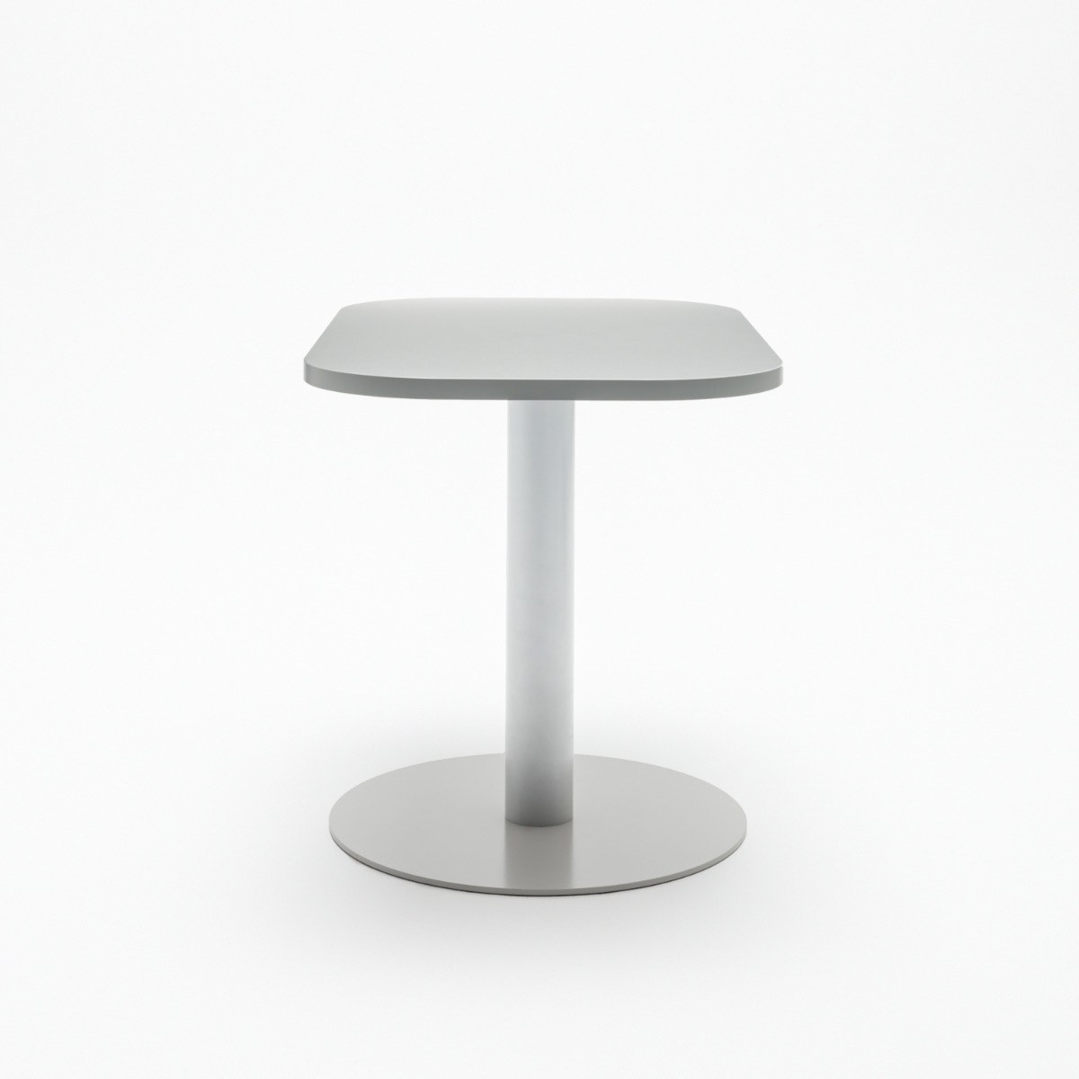 Table Tack 100 x 65 cm aluminium satiné vue par le petit côté, colonne centrale et embase ronde