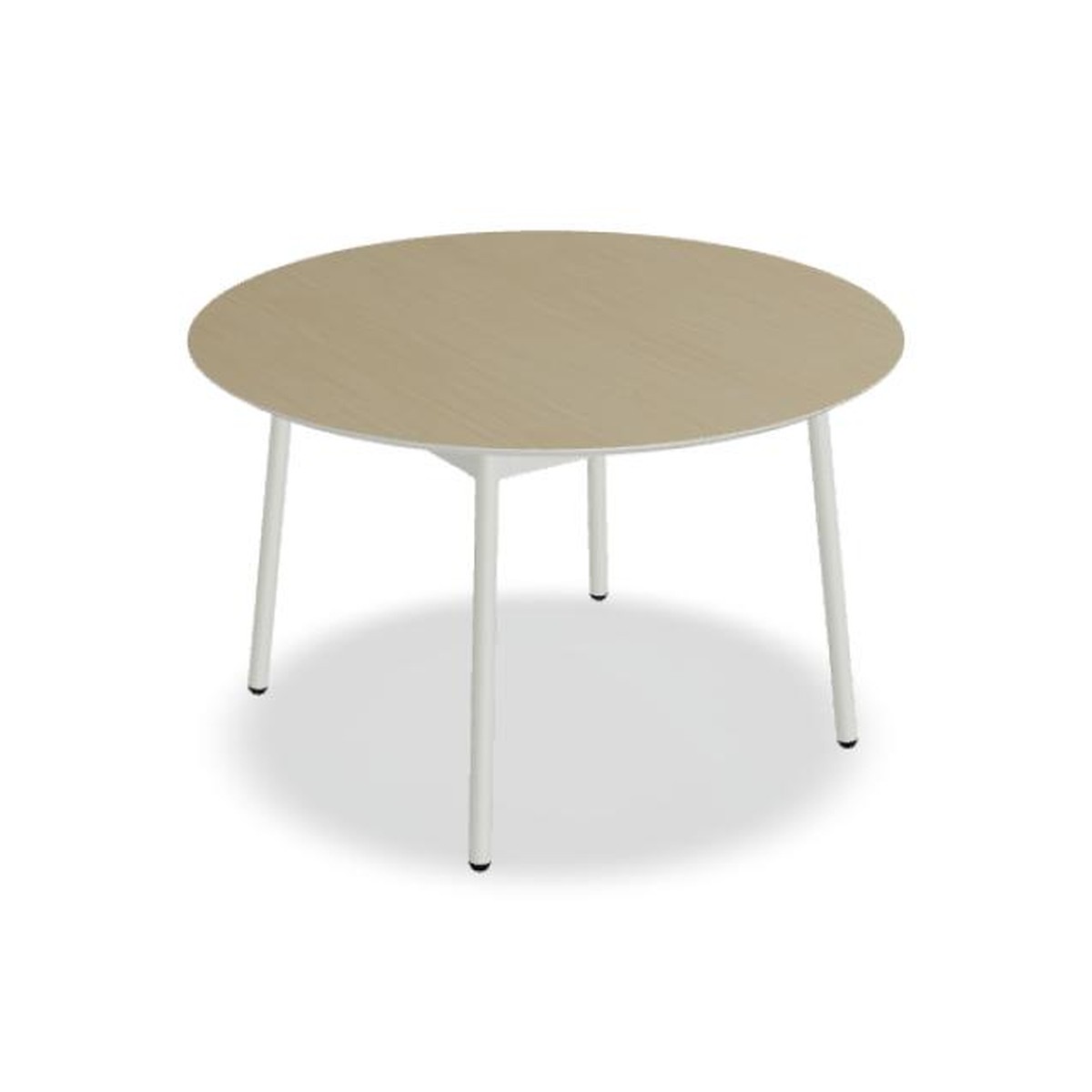 Table ronde Unit plateau chêne clair sur quatre pieds blanc perle, vue de trois quarts sur fond blanc