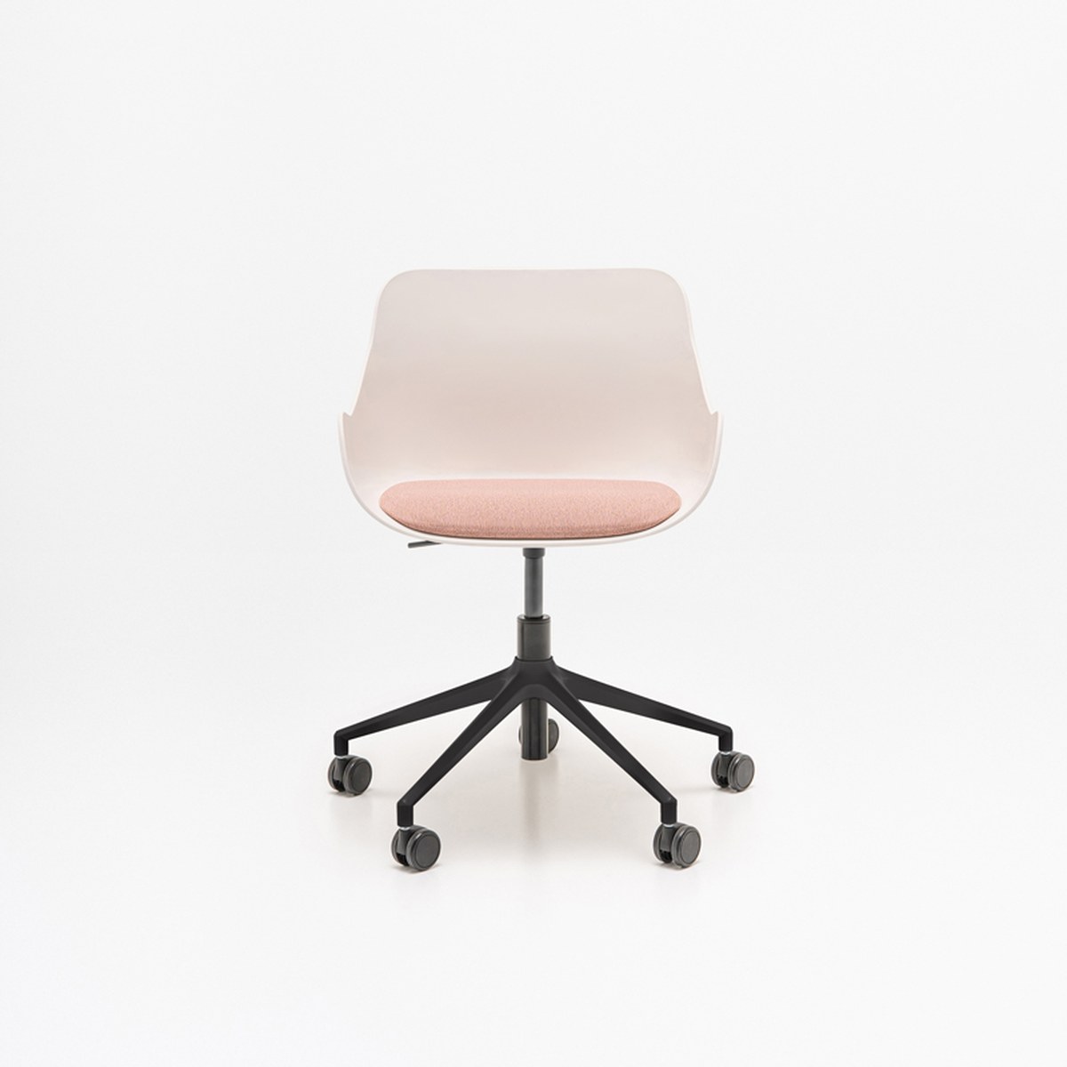 Fauteuil de réunion Baltic Remix blanc à coussin rose sur base noire, vue de face