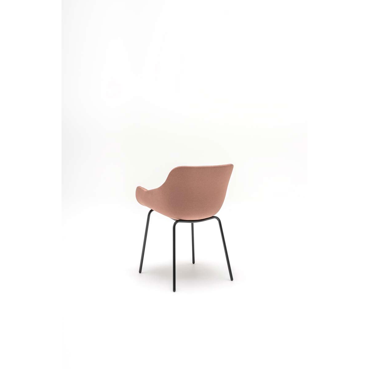 Fauteuil de réunion rose à coque tapissée sur 4 pieds noirs, vue de dos