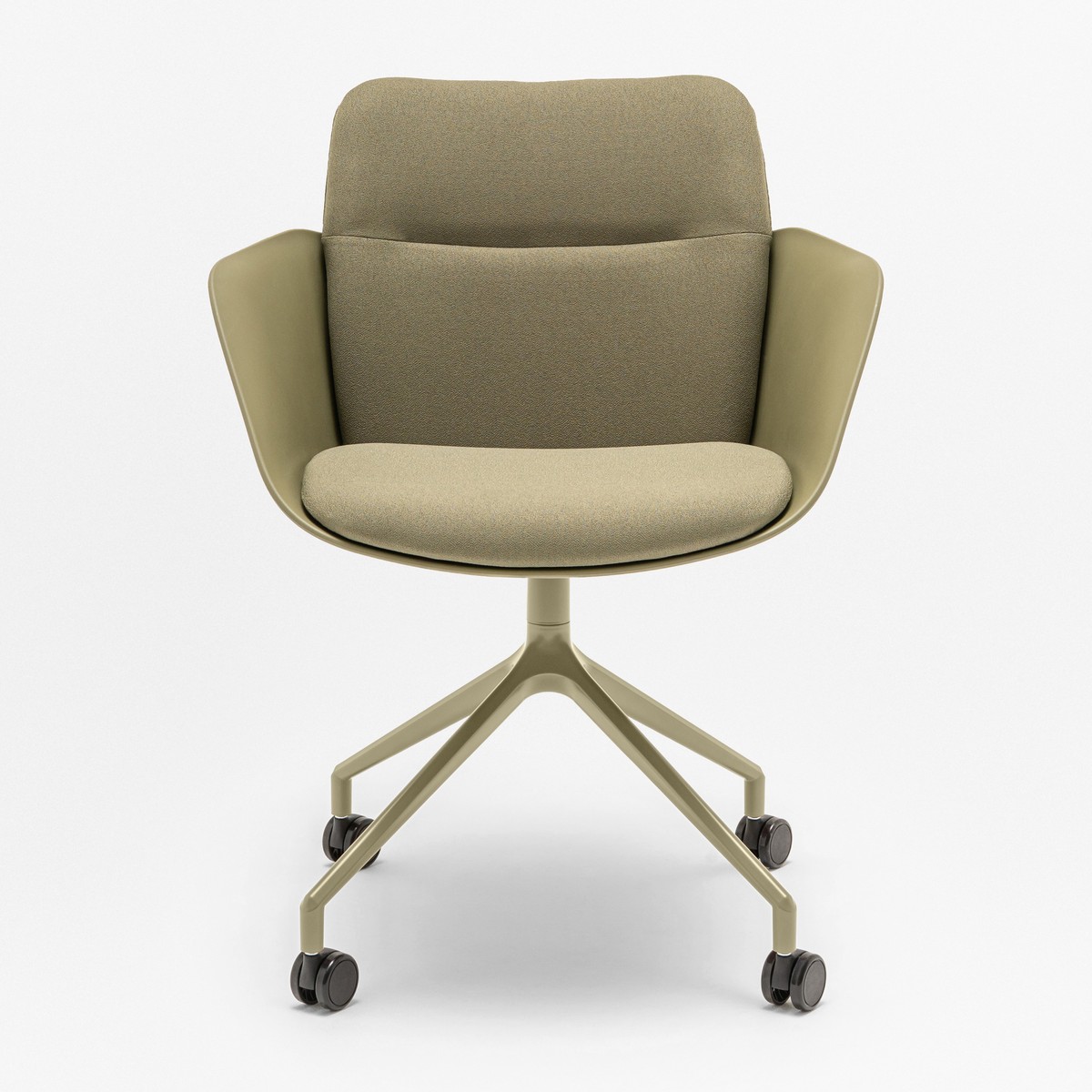 Fauteuil de réunion Senda pivotant, coque olive sur étoile olive à roulettes, vue de face