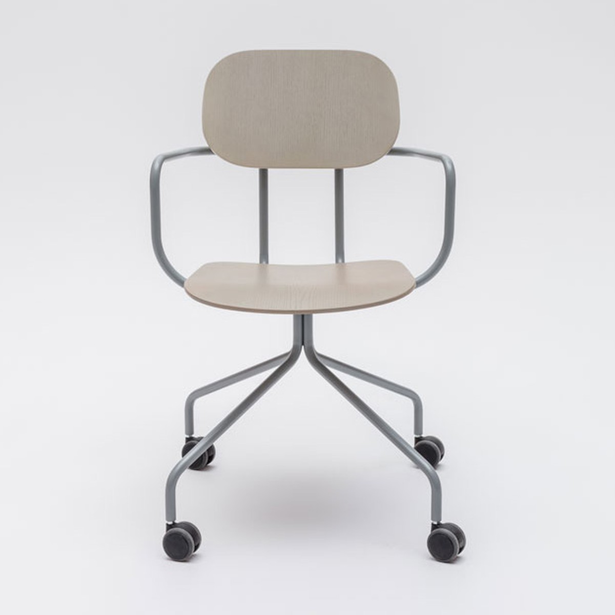 Chaise de réunion New School en contreplaqué beige avec accoudoirs, base grise à roulettes