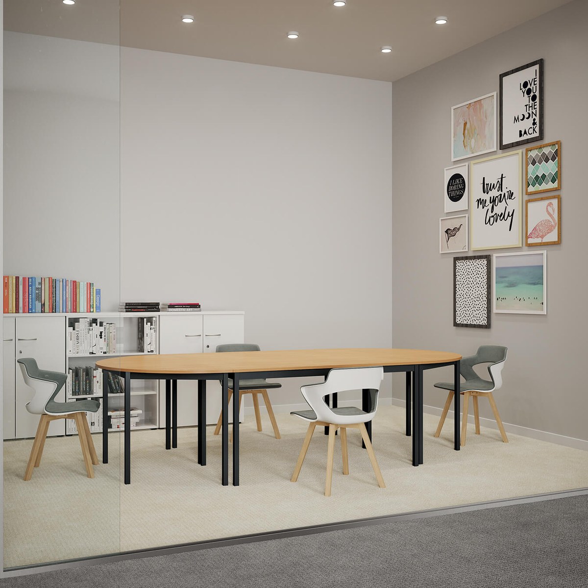 Tables droites et demi-lunes plateau hêtre et pieds noirs assemblées en table ovale dans une salle vitrée