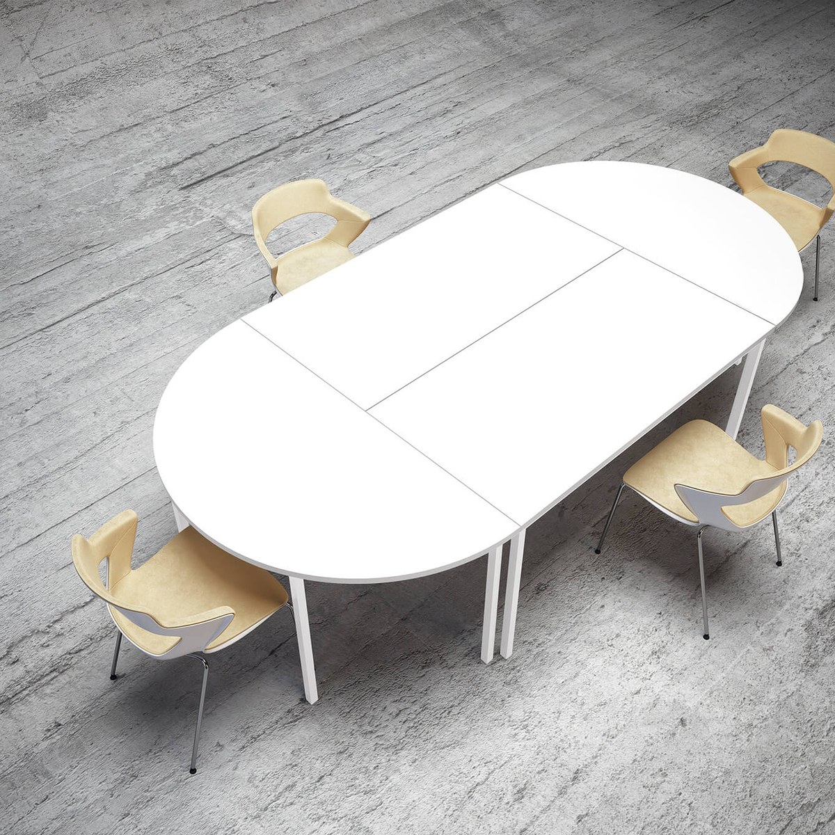 Table ovale blanche composée de tables droites et de demi-lunes sur 4 pieds, vue de dessus