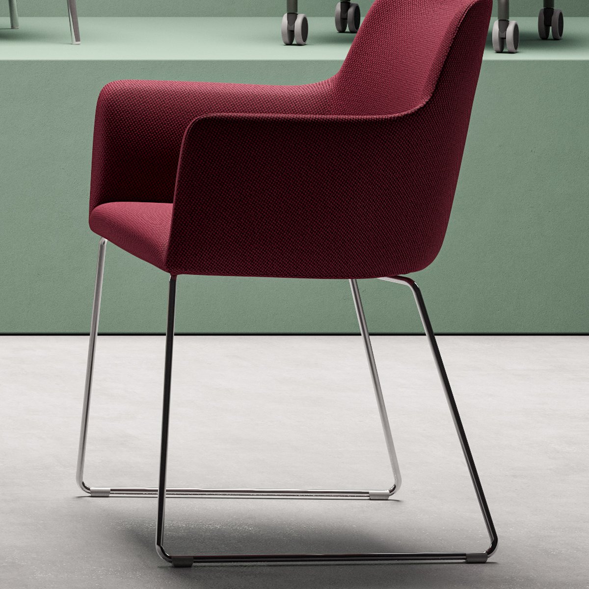 Fauteuil de réunion City en tissu bordeaux sur piètement luge chromé