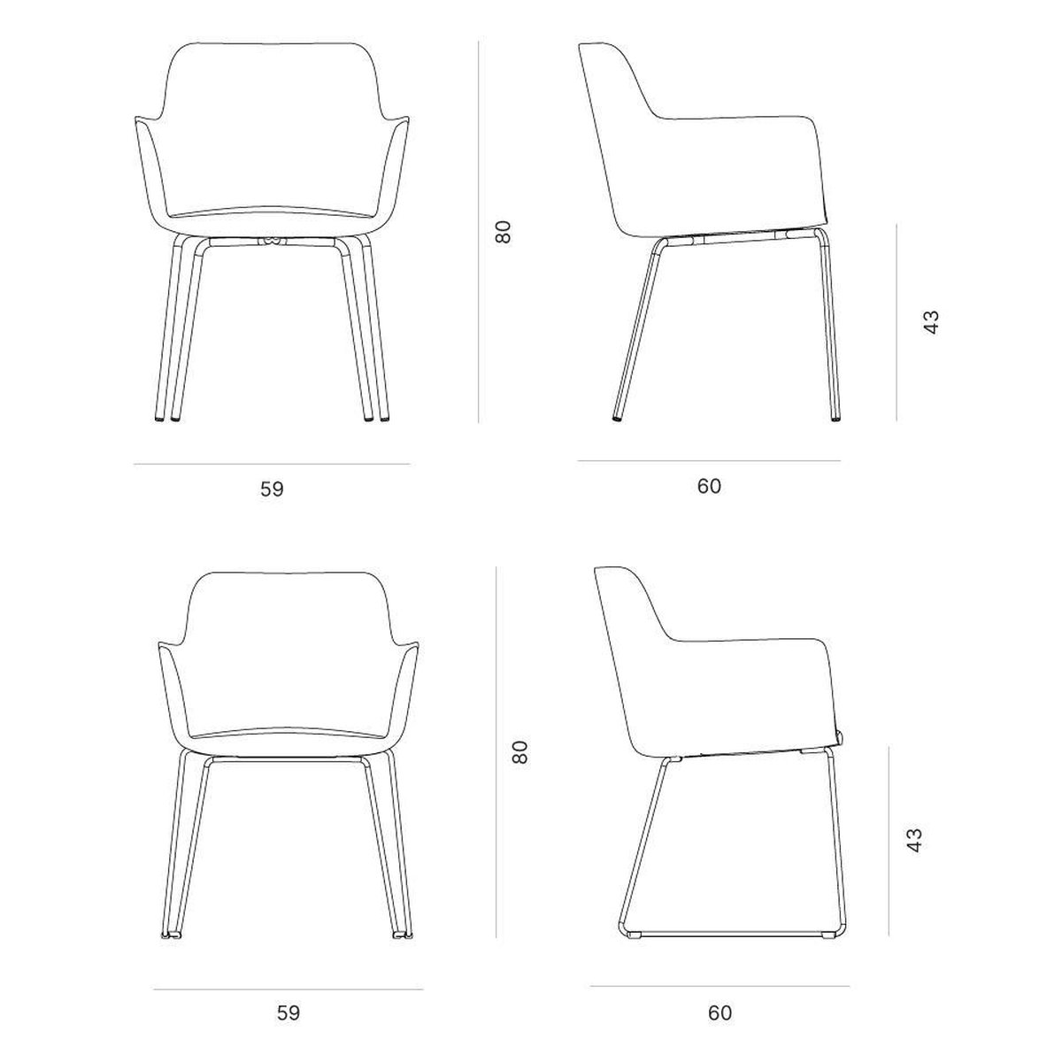 Plan coté du fauteuil City sur 4 pieds et sur luge : 59 x 60 x 80 cm