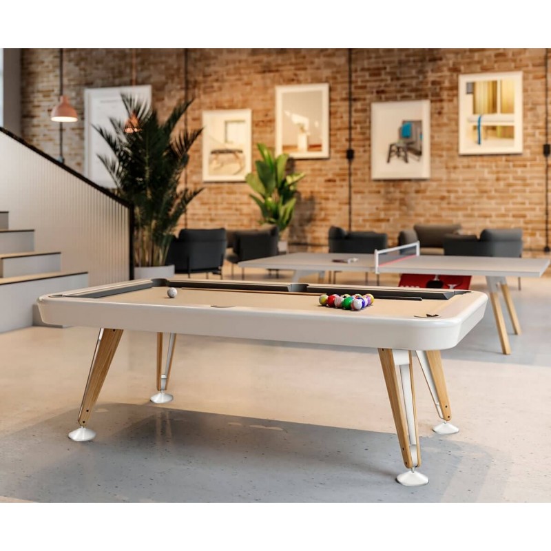 billard design blanc avec pietement en bois