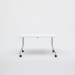 Table Easy rectangulaire à plateau blanc, piétement gris sur roulettes à frein, vue de face