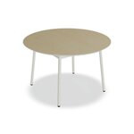 Table ronde Unit plateau chêne clair sur quatre pieds blanc perle, vue de trois quarts sur fond blanc