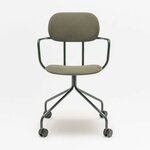 Chaise de réunion New School rembourrée kaki avec accoudoirs, base à roulettes, vue de face