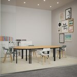 Tables droites et demi-lunes plateau hêtre et pieds noirs assemblées en table ovale dans une salle vitrée