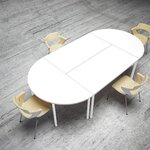 Table ovale blanche composée de tables droites et de demi-lunes sur 4 pieds, vue de dessus