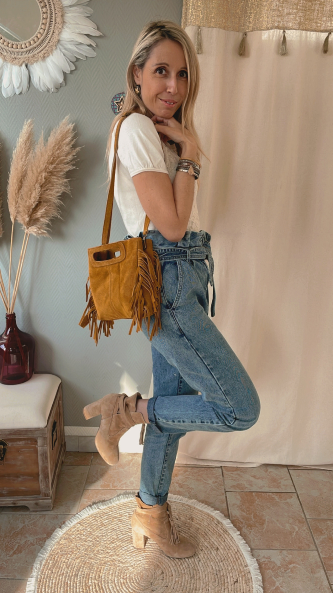 Sac En Cuir Nubuck à Franges Style Western - Marron - Occasion Bon état - Bandoulière