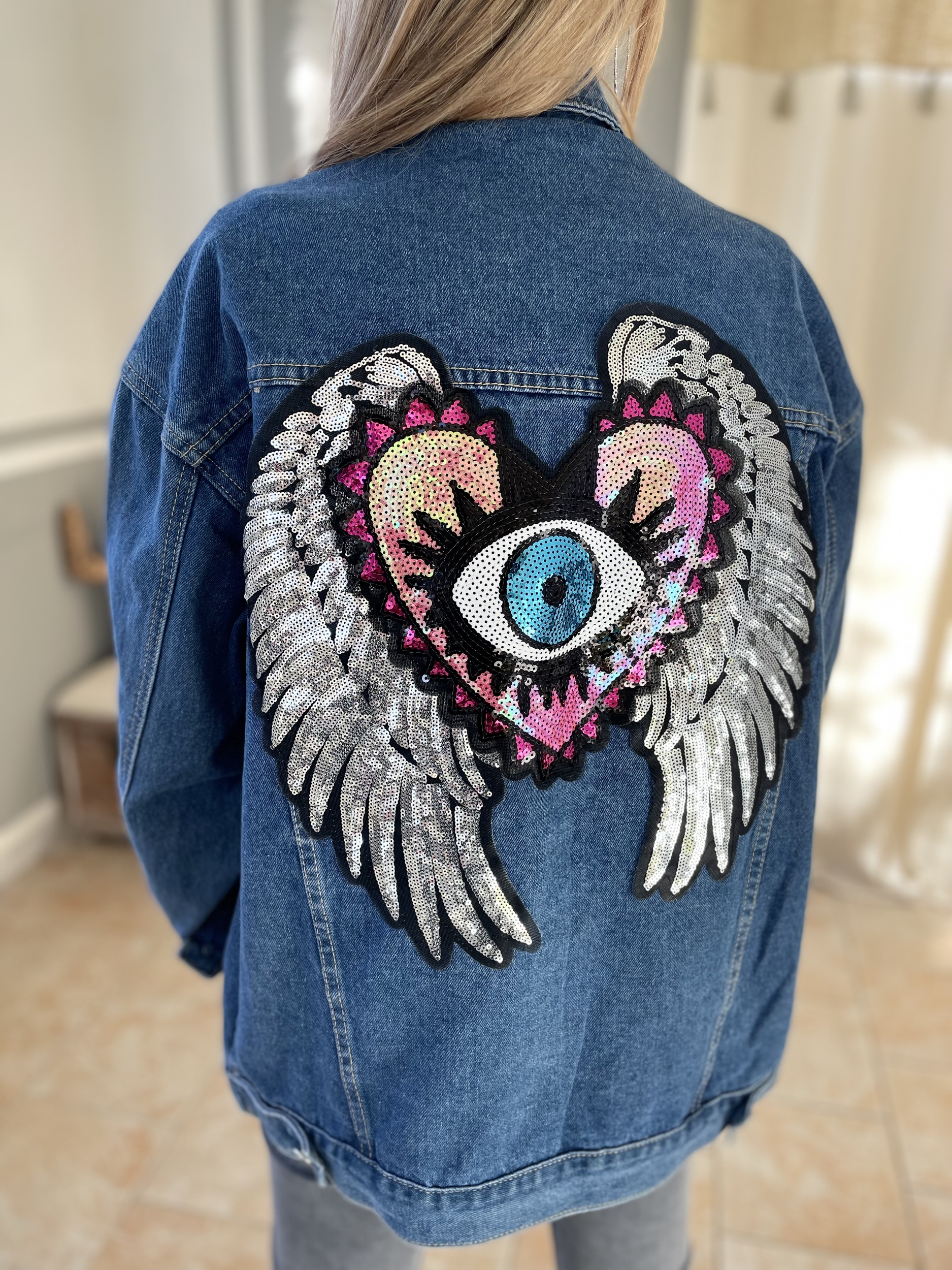 Veste en jean Dakota ailes et oeil sequins-Taille unique