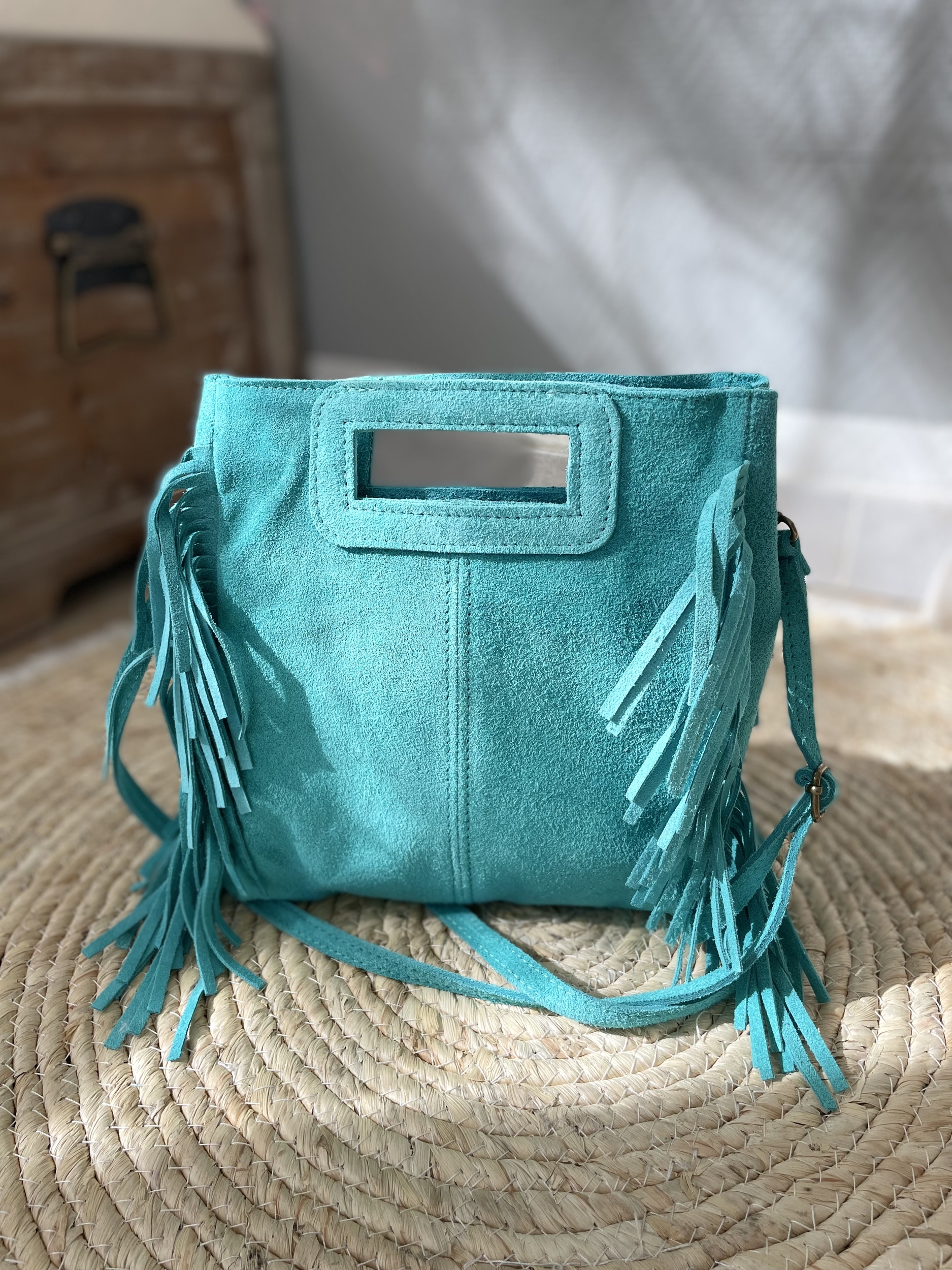 Sac bohemia bleu turquoise avec franges (5)