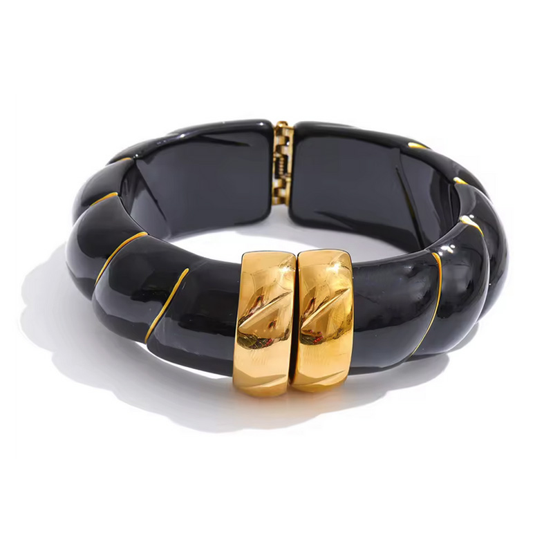 Jonc-manchette-bracelet-Narcisse-noir-Acier-inoxydable-résine-Olympe-bijoux-colliers-bagues-boucles-d-oreilles-creoles