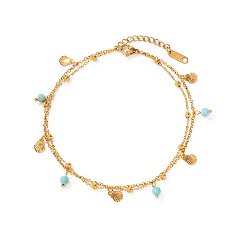 Chaine de cheville Shella - coquillage perles turquoise - Acier inoxydable - Bijoux femmes idées cadeau - Olympe bijoux - bracelet cheville