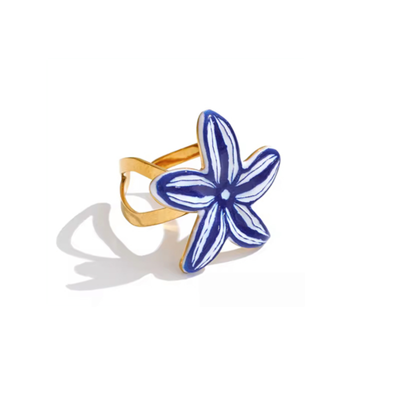 Bague-cyclades fleur bleue faience-bague-ajustable-Acier-inoxydable-cadeau femme - Olympe-bijoux - bijoux été