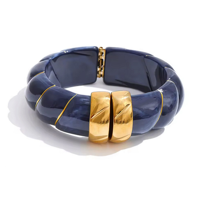 Jonc-manchette-bracelet-Narcisse-bleu-profond-Acier-inoxydable-résine-Olympe-bijoux-colliers-bagues-boucles-d-oreilles-creoles