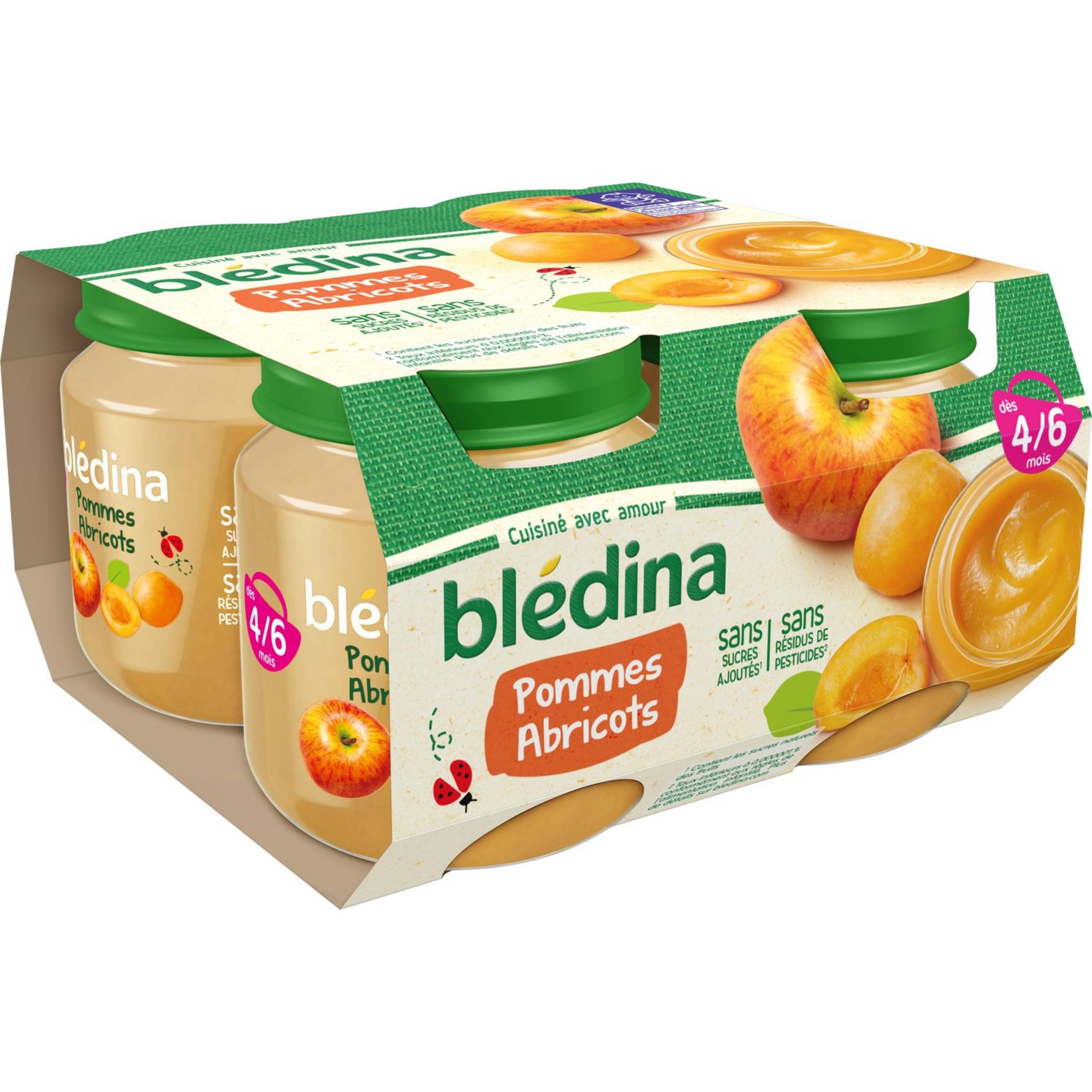 BLEDINA - COMPOTE BEBE POMME ABRICOT DES 4 MOIS 4 Pots de 130g - Goûters et  Desserts/Goûters et Desserts dès 4 mois 
