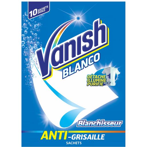VANISH - BLANCO BLANCHISSEUR ANTI-GRISAILLE La boite de 10 sachets - Le  Linge/Détachants 