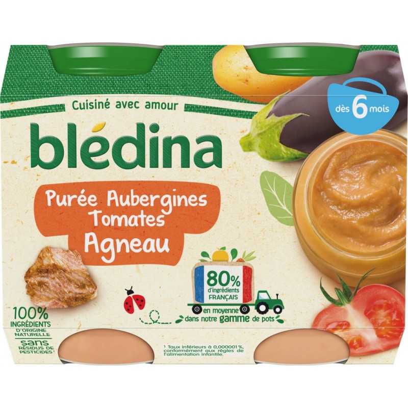 BLEDINA - PUREE AUBERGINES, TOMATES ET AGNEAU 2 x 200g - Repas de Bébé/Repas  dès 6 mois 