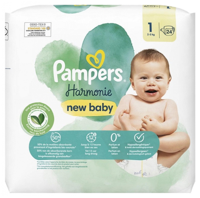 PAMPERS - COUCHES HARMONIE Taille 1 - 2-5kg Paquet de 24 - Couches et Couche -culottes/Couches T1 Nouveaux nés 2-5 kg 