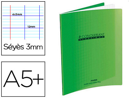 CAHIER POLYPRO VERT MATERN 17x22 90G 32P SEYES 3MM HAMELIN