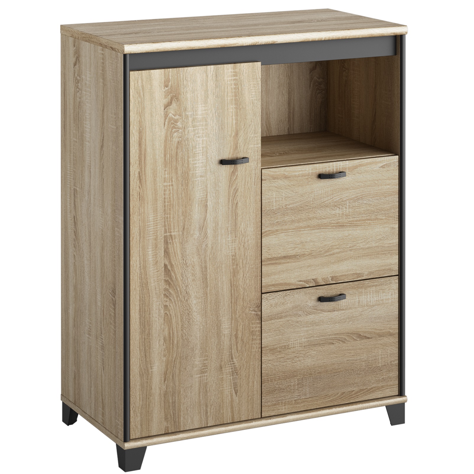 Rangement mi-hauteur 1 porte 2 tiroirs 1 niche Mambo chêne Sonoma noir Gautier Office