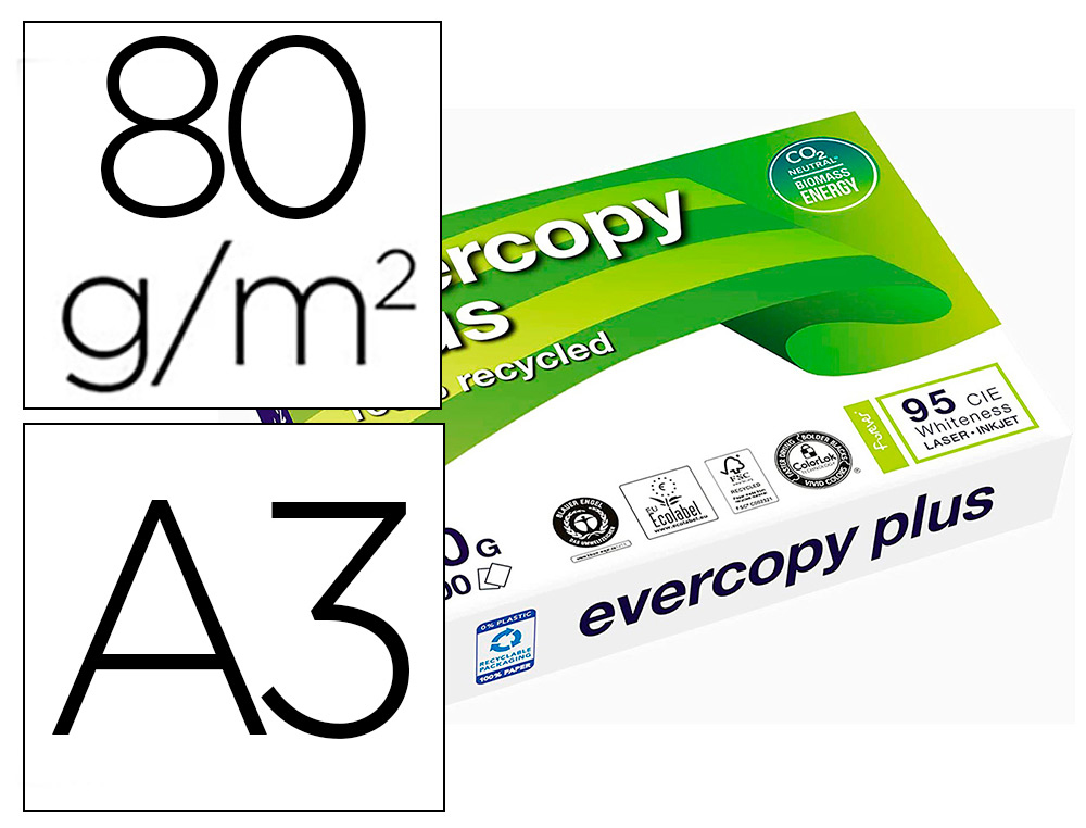 Papier recyclé Clairefontaine Evercopy Plus A3 80 g blanc, ramette de 500 feuilles