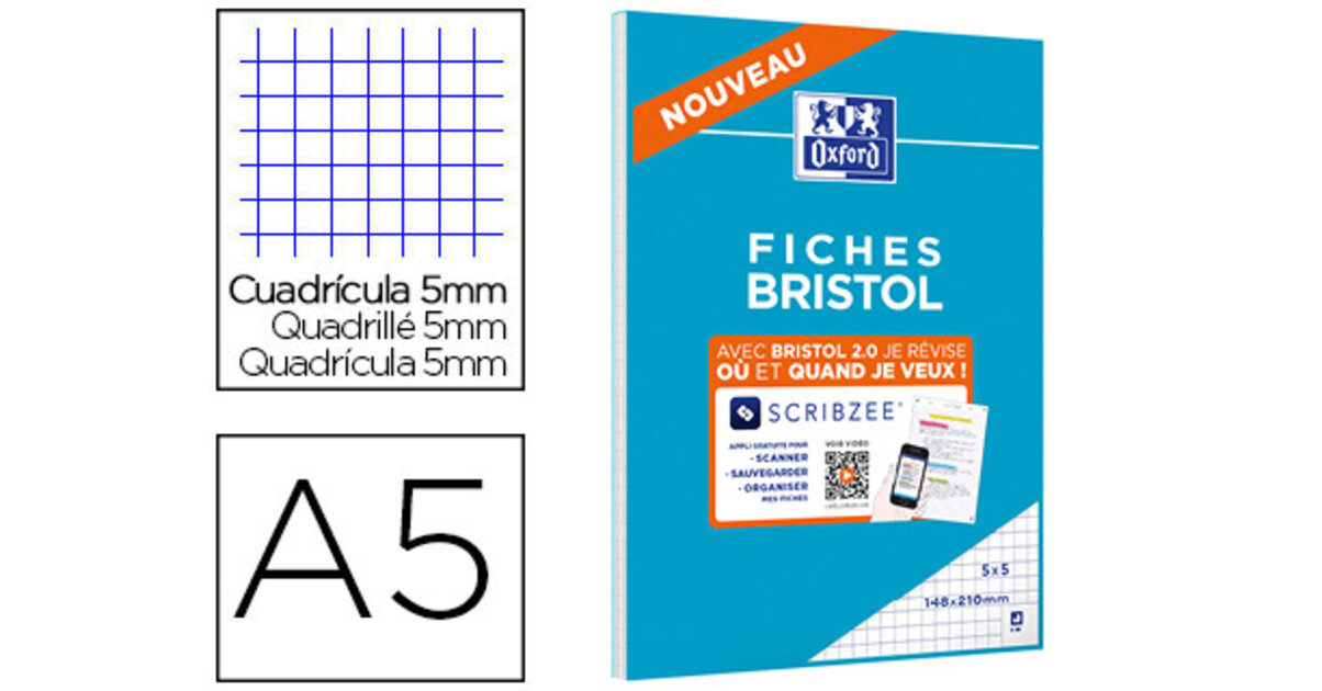 Lot De 2 Blocs De 30 Fiches Bristol A5 Perforées Unies Blanches - OXFORD 148x210mm