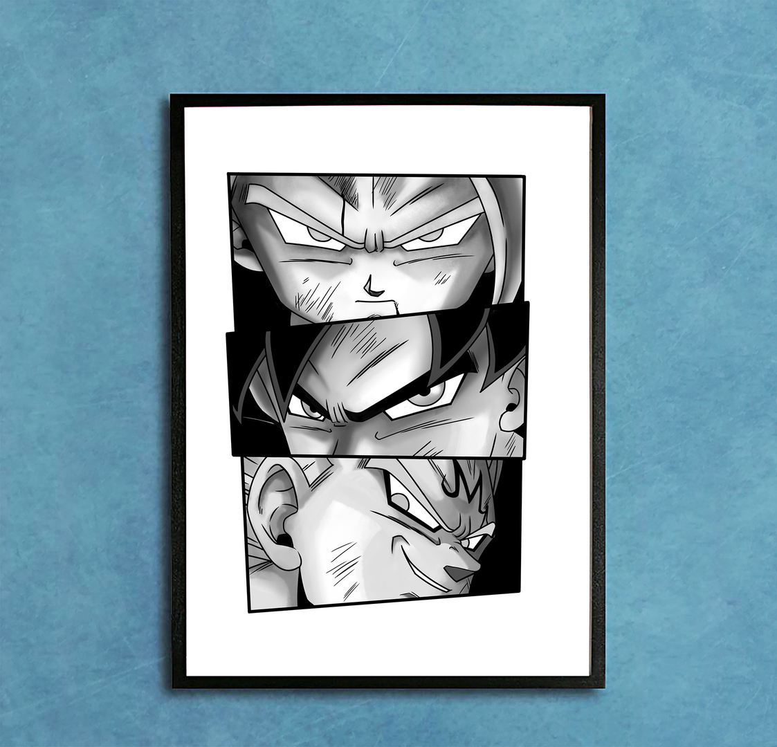 Affiche Gohan, Goku et vegeta noir et blanc affiche