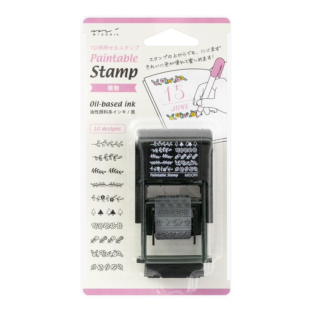 MIDORI Paintable Stamp - Tampon rotatif pré-encré - 10 motifs - Plante