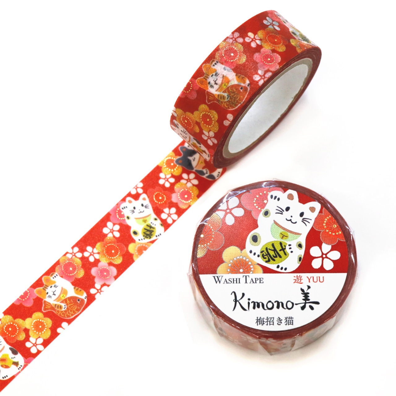 SAIEN Kimono - Masking Tape Chats porte-bonheur & fleurs de prunier - 15mm x 7m